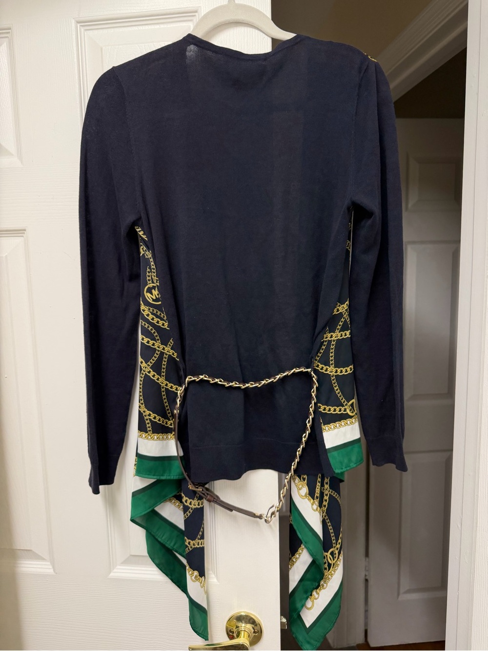 Michael Kors Navy Gold Chain Equestrian Print Satin Drape Cardigan Size S - Picture 8 of 10
